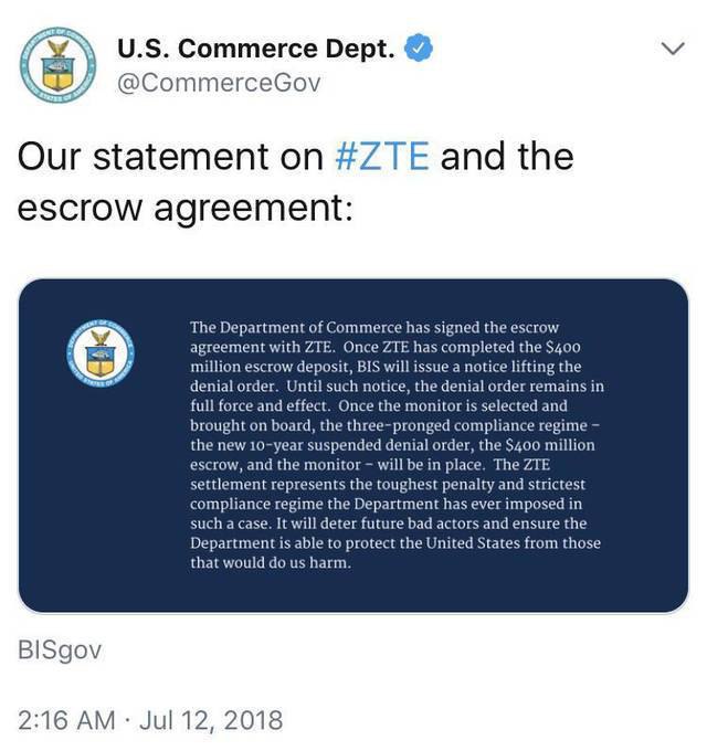 【美商务部与中兴达成协议，支付4亿美元保证金后将解除禁令】7月12日消息，美国商务部表示，美国已经与中国中兴公司签署协议，取消近三个月来禁止美国供应商与中兴进行商业往来的禁令，中兴公司将能够恢复运营