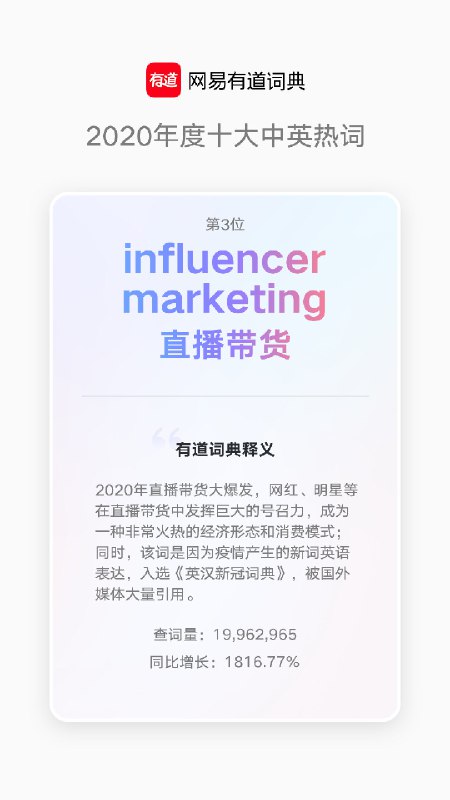 网易有道词典公布#2020 年度中英热词#，第一是「Postpone」（推迟），后面还有直播带货、Zoom、隔离、Mojito 等