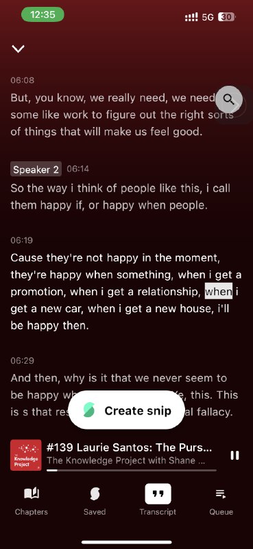 发现最好用的播客工具，感谢@夏小凯kkk 的宝贵经验！snipd，一键转移订阅的podcast，实时文字稿，一键截取80s文字分享，并直接输出到readwise