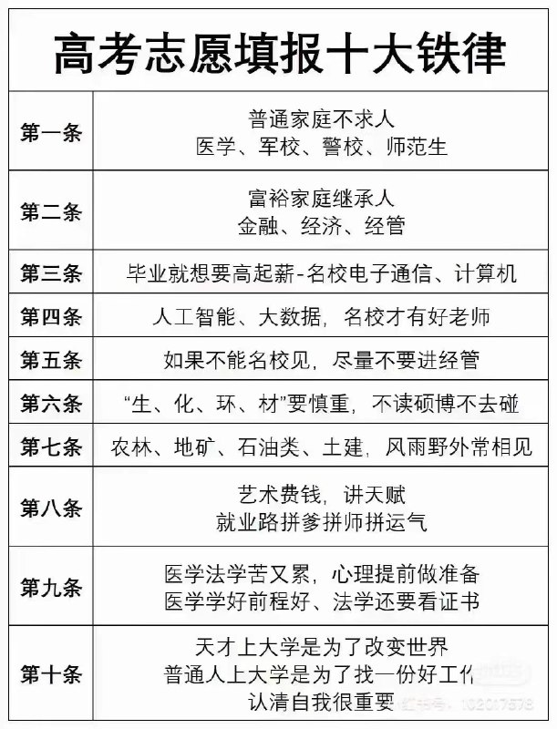 高考报考十大铁律，总结的好，普通人家的孩子没有机会试错