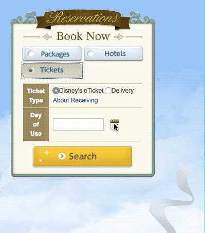 在日本迪士尼乐园官网订票，鼠标在搜索按钮上悬浮时，按钮便会展现闪烁动效