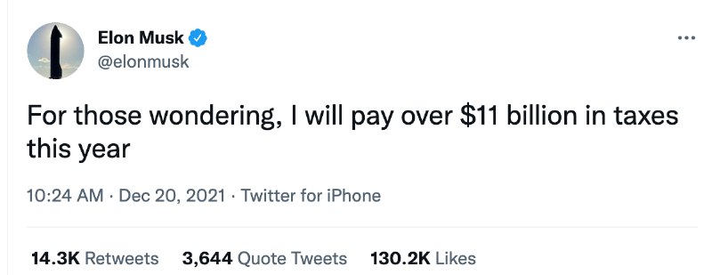 马斯克推特发文，称今年将支付超110亿美元的税金