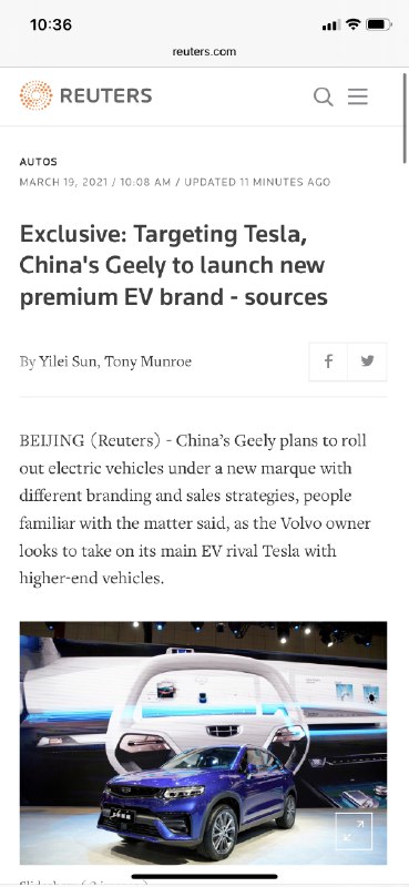 【吉利计划推出新的电动汽车品牌“ZEEKR”】钛媒体3月19日消息，据路透，中国吉利计划推出新的高端电动汽车品牌“ZEEKR”，该品牌挂在“Lingling Technologies”新公司旗下，以与特斯拉（Tesla）展开竞争