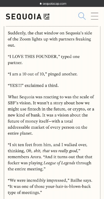 SBF 和红杉资本开 IC 的时候还在打英雄联盟，比扎克伯格穿睡衣还牛逼 #科技圈大小事