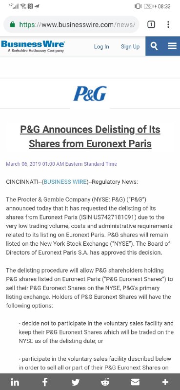 宝洁宣布将从泛欧交易所Euronext退市，仅保留在纽交所的上市地位，此前宝洁采取了NYSE第一上市和Euronext第二上市的Dual listing 双重上市结构