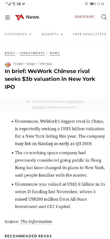 据Information报道，优客工场最早将于2019年三季度于NASDAQ上市，估值有望达到30亿美元