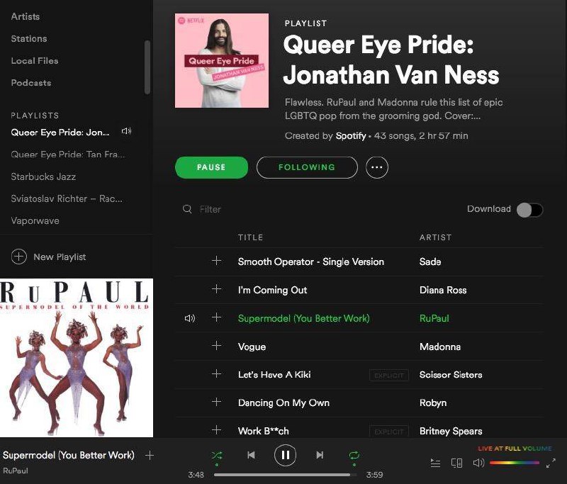 在Mac Spotify上播放Queer Eye的官方歌单时，音量条放到最大会变彩虹条，如图；音量滑动到最大多次会切换大概三种文案