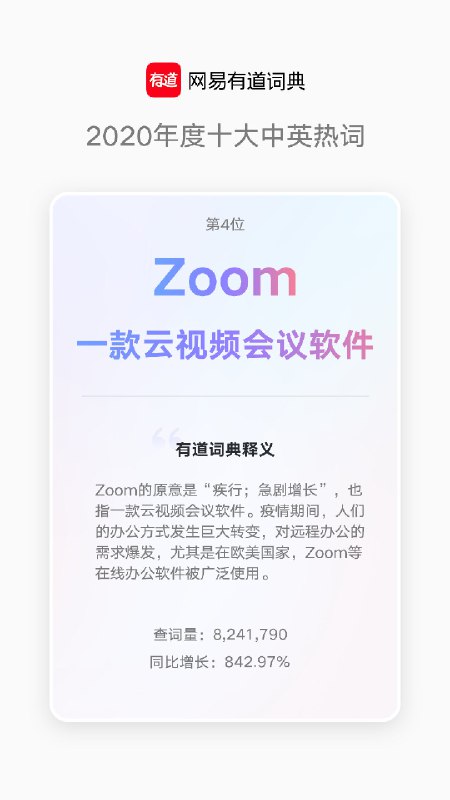 网易有道词典公布#2020 年度中英热词#，第一是「Postpone」（推迟），后面还有直播带货、Zoom、隔离、Mojito 等