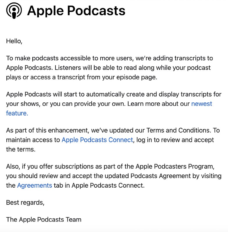 刚收到邮件，继spotify之后，苹果播客也要提供transcript功能了，现在压力给到了... #大产品小细节刚收到邮件，继spotify之后，苹果播客也要提供transcript功能了，现在压力给到了... #大产品小细节