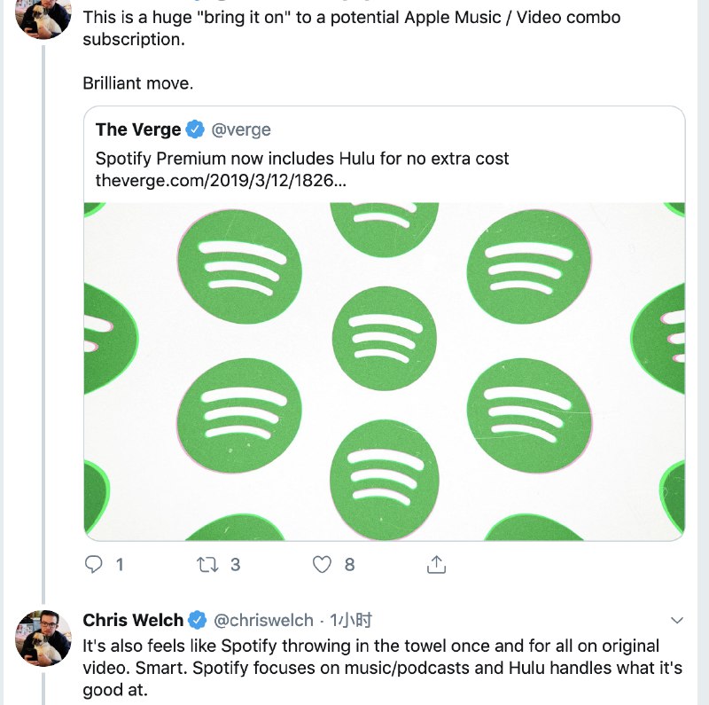 Spotify真的是动作频频啊，先是发力Podcast，然后是和三星的合作，这边又马上牵手Hulu