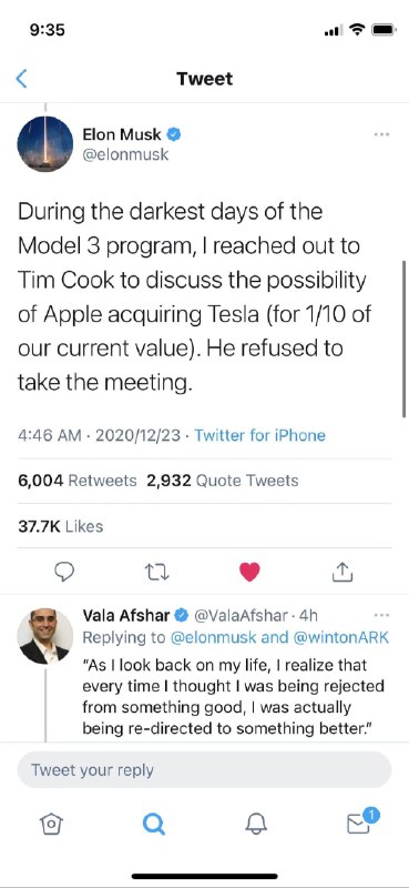 马斯克在一条推文中表示，在研发Model 3的至暗时刻，他曾主动接触苹果，希望以600亿美元的价格将特斯拉出售给苹果