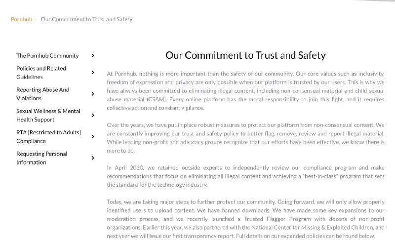 出了事之后Pornhub开始整改了，说自己是比Facebook和TikTok更严的Trust&Safety，并且收紧发布标准，只允许签约模特和厂商上传视频，严打偷拍强拍和儿童主体的非法内容 #科技圈大小事