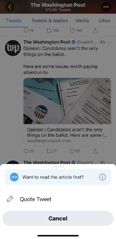 Twitter对不看文章直接转有了提醒