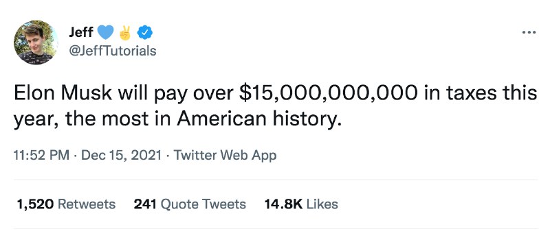 Elon Musk 今年将缴纳美国历史上最高的一笔税款，数额高达 15,000,000,000 美元