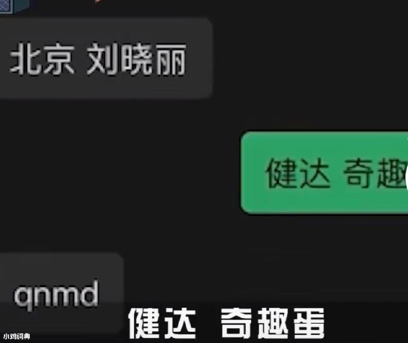 健达 奇趣蛋该‌‌‌‌‌‌‌​​‌​‌​‌​‌‌​梗出自一张聊天记录截图，图中的男女刚加好友互相打招呼，女生发了一句“北京 刘晓丽”，而男生照着她的说话方式回了一句对仗的“健达 奇趣蛋”，给姑娘气的当场骂了出来