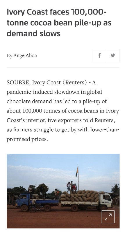 疫情导致巧克力需求大幅下降，生产世界三四成可可豆的科特迪瓦现在有十万吨囤积