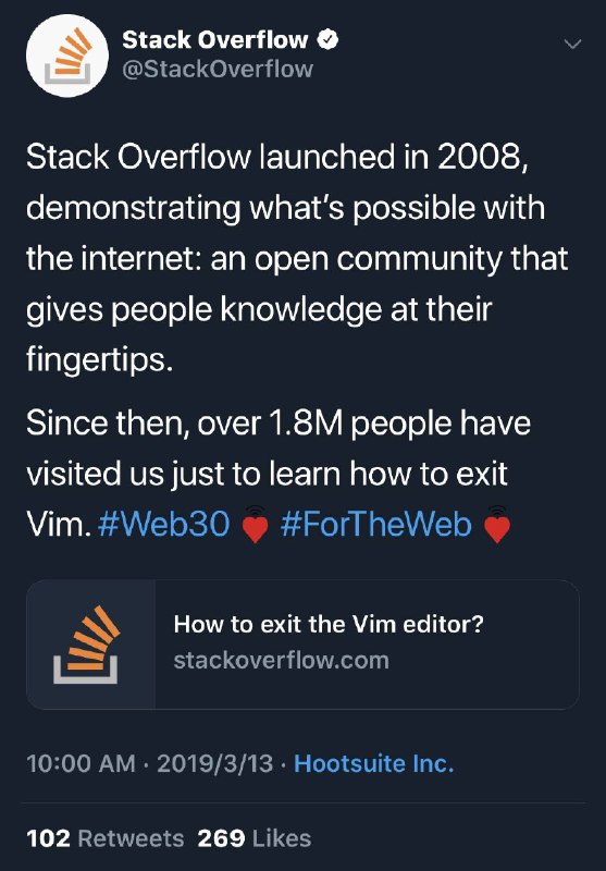 官方宣布自 2008 年 Stack Overflow 平台上线以来，已经帮助超过 180 万人，让他们学会该如何退出 Vim… 😂❤️   #工程师的日常