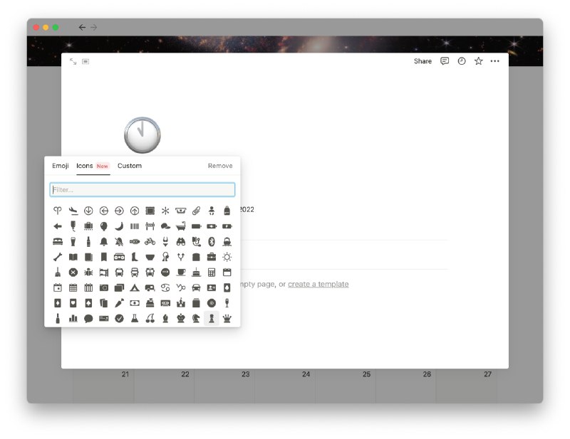 今天因为一个 side project 需要用 Notion 单独开启一页日历来记录重点时间点，然后！惊喜的发现居然有新的小图标可以用🎊-在逛街般挑选完图标后，点击👉🏻发现居然还能自定义颜色！（真真太可爱了）-内心止不住呐喊