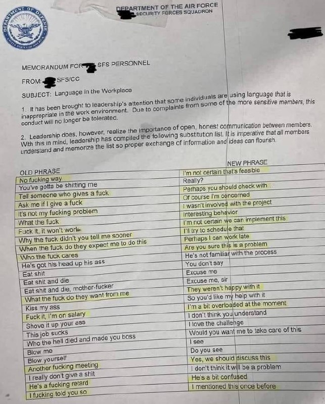 美国空军语言净化清单 #无用但有趣的冷知识