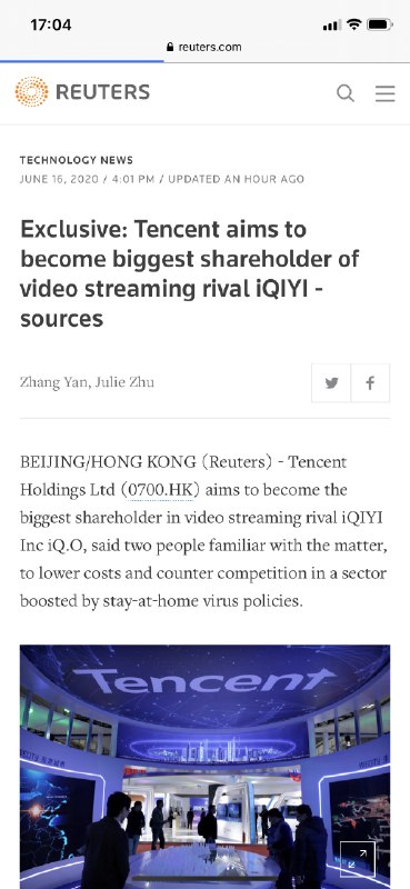 【腾讯与百度接洽 计划成为爱奇艺最大股东】据路透报道，腾讯目标是成为其视频流媒体竞争对手爱奇艺的最大股东