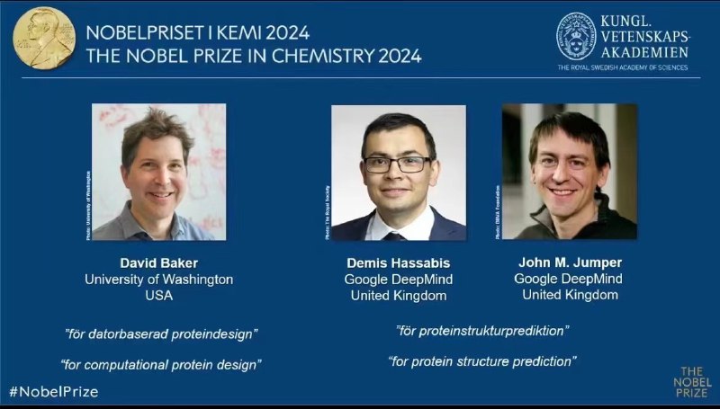 诺贝尔物理学奖和化学奖都颁给了搞AI的了瑞典皇家科学院宣布，将2024年诺贝尔化学奖授予三位科学家其中，一半授予美国华盛顿大学的大卫·贝克 (David Baker)，以表彰其在计算蛋白质设计方面的贡献，另一半则共同授予Google DeepMind公司的丹米斯·哈萨比斯（Demis Hassabis）和约翰·乔普（John M. Jumper），以表彰其在蛋白质结构预测方面的贡献