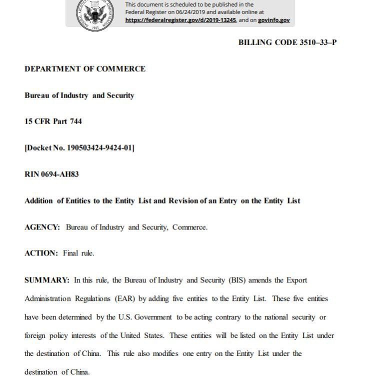 【美国政府又将5家中国企业机构列为“实体名单” ，涉及芯片和超算】PingWest品玩6月22日讯，据环球时报报道，美国政府近日又拉黑了5家以开发芯片和超级计算机为主的中国企业和机构