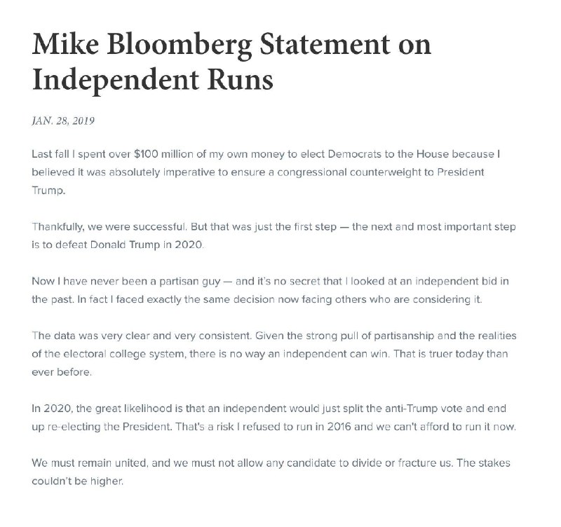 彭博社创始人布隆伯格宣布参加 2020 年美国总统竞选现年 76 岁的布隆伯格于 2018 年 10 月注册加入民主党