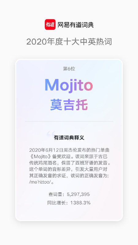 网易有道词典公布#2020 年度中英热词#，第一是「Postpone」（推迟），后面还有直播带货、Zoom、隔离、Mojito 等