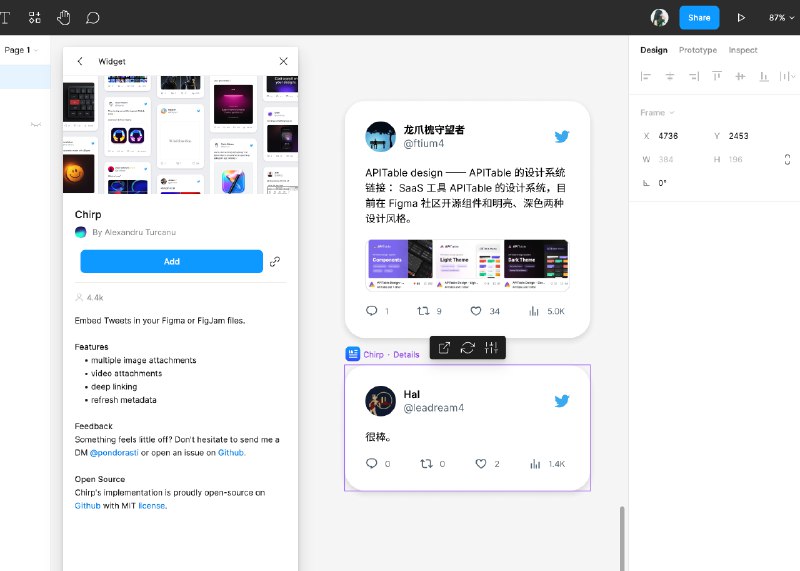 Figma的Widget又多了好多有趣的东西啊！！有Excalidraw可以手绘原型或涂鸦（图1）有很多各式各样的to do任务单（图2）有很多好玩的小游戏（图3）还可以在里面coding（图4）还可以写更新日志（图5）以及一些可可爱爱的小标记（图6）甚至可以贴入推特动态（图7）另外还发现了个统计评分的小工具（图8）在哪里找到Widget呢？只要在顶部的工具栏里找到图9所示的这个按钮，然后再选择“Widgets”就可以啦