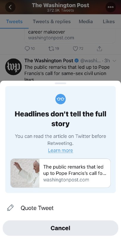 Twitter对不看文章直接转有了提醒