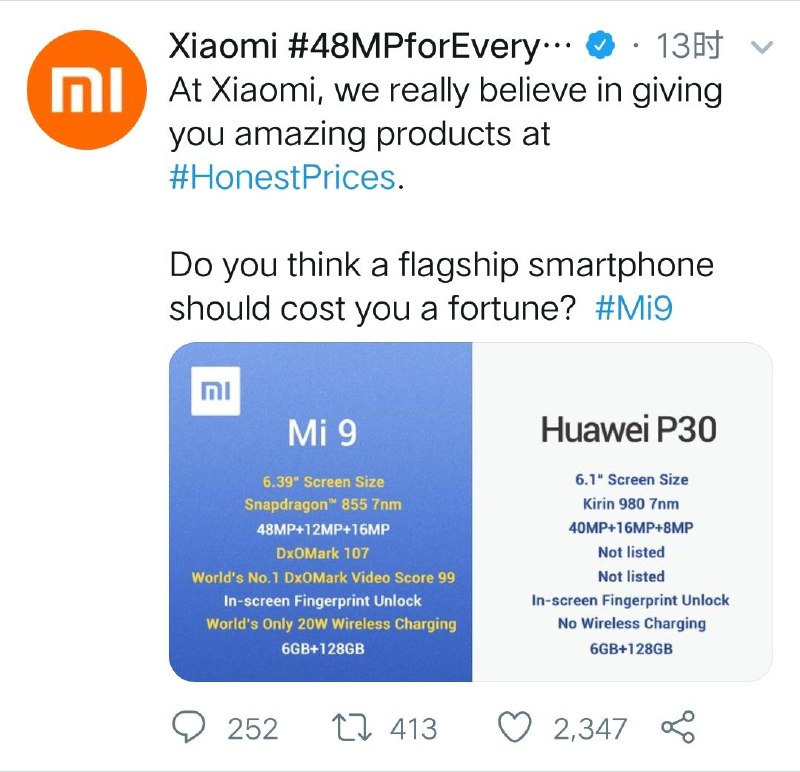 如何评价小米官方推特碰瓷华为P30？   #科技圈大小事