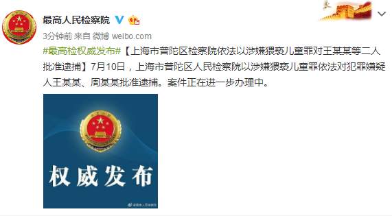 7月10日，上海市普陀区人民检察院以涉嫌猥亵儿童罪依法对犯罪嫌疑人王某某、周某某批准逮捕