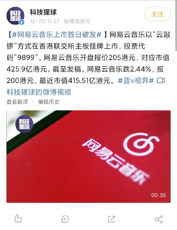网易云音乐港股上市首日破发