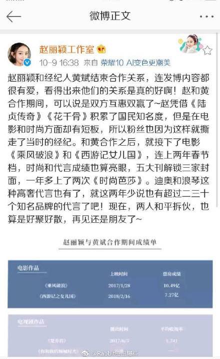 【赵丽颖工作室疑似发通稿内容忘切号秒删微博】今天赵丽颖发文称与经纪人黄斌合作结束引发网友热议，随后赵丽颖工作室秒删了一条微博（图一），文案内容画风清奇，被网友调侃是忘了换号了吗？这是把发给媒体的通稿内容发在工作室微博了吗？   #明星大V秒删提醒