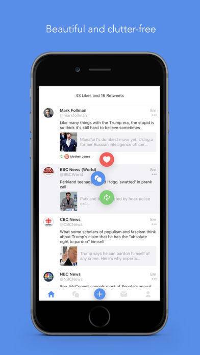 Bluebird（￥12→免费）一款优质的第三方Twitter客户端，不仅设计精美，而且在官方收紧API的情况下做出了非常多有趣的小功能