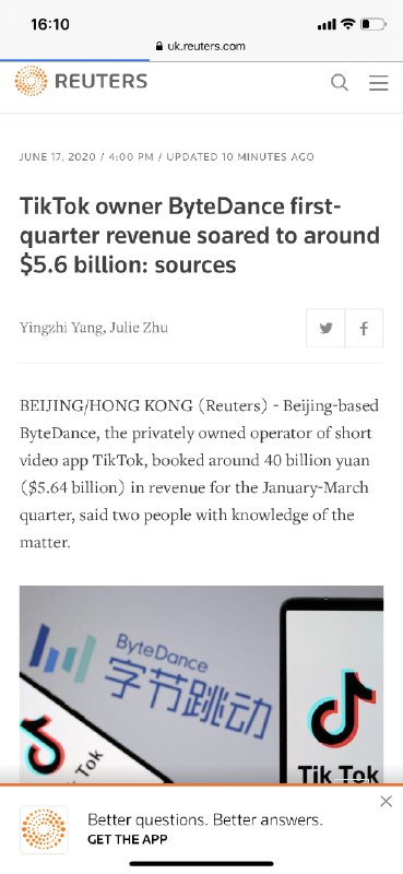 【字节跳动2020年营收目标为2000亿元】路透引述两位知情人士称，字节跳动公司今年一季度1-3月营收约400亿元人民币（56亿美元）