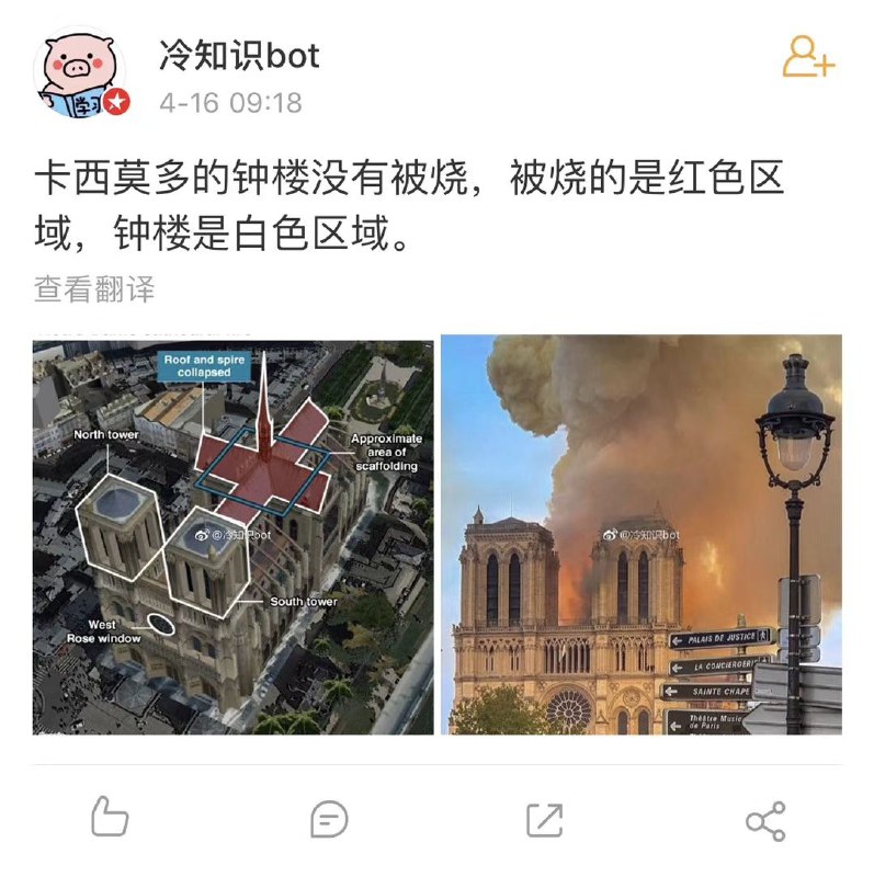 卡西莫多的钟楼并没有在这次事故中毁掉   #无用但有趣的冷知识