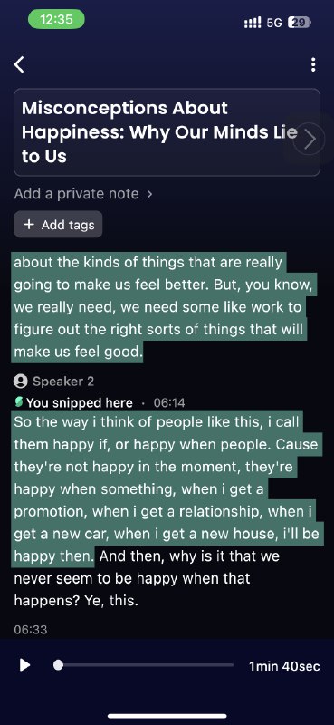 发现最好用的播客工具，感谢@夏小凯kkk 的宝贵经验！snipd，一键转移订阅的podcast，实时文字稿，一键截取80s文字分享，并直接输出到readwise