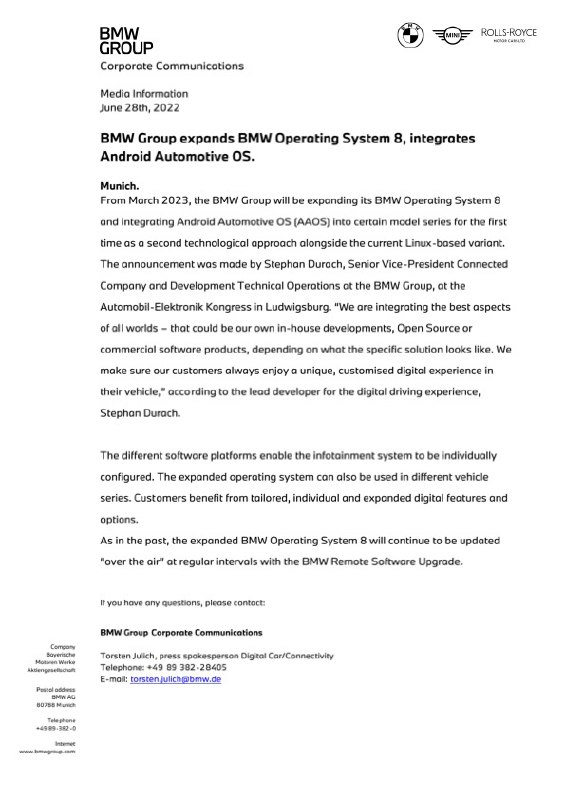 今年 WWDC 没上苹果合作伙伴 logo 墙的宝马，要在某些车型上开始用谷歌的 Android Automotive OS 了