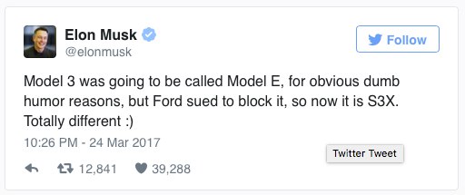 Elon Musk本想将Model 3命名成Model E，与其Model S、Model X、Model Y组成“S-E-X-Y”组合，但是Model E被福特公司注册了   #无用但有趣的冷知识